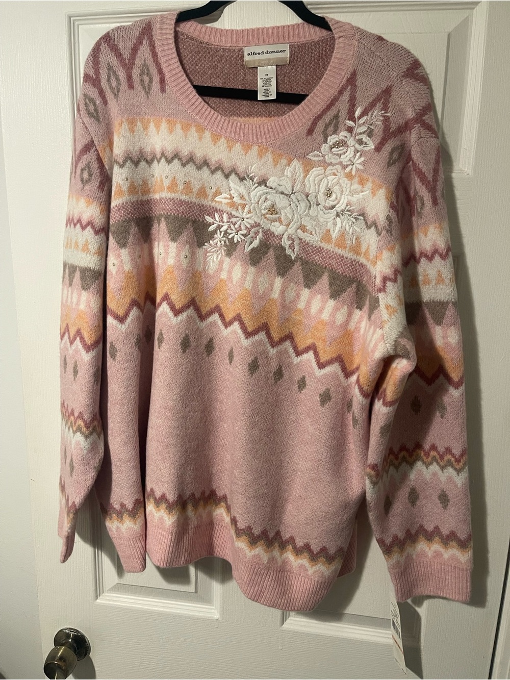 Alfred Dunner Pink Fair Isle Floral Embroidered Crewneck Sweater